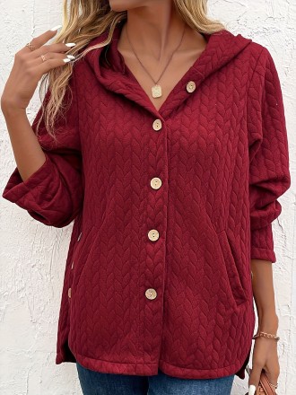 Women's Solid Color Hooded Button Panel Long Sleeve Jacket