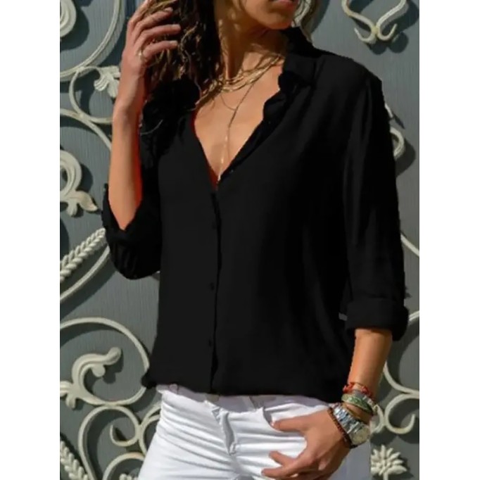 Women's solid color long sleeved button up shirt