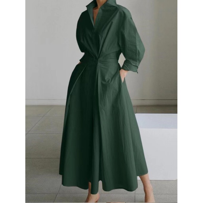 Women's Solid Pocket Button Lapel Long Sleeve Maxi Shirt Casual Dress