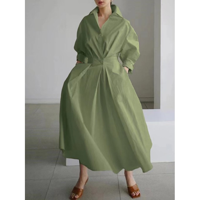 Women's Solid Pocket Button Lapel Long Sleeve Maxi Shirt Casual Dress