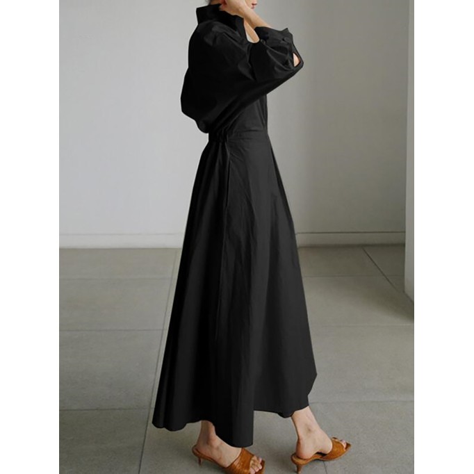 Women's Solid Pocket Button Lapel Long Sleeve Maxi Shirt Casual Dress