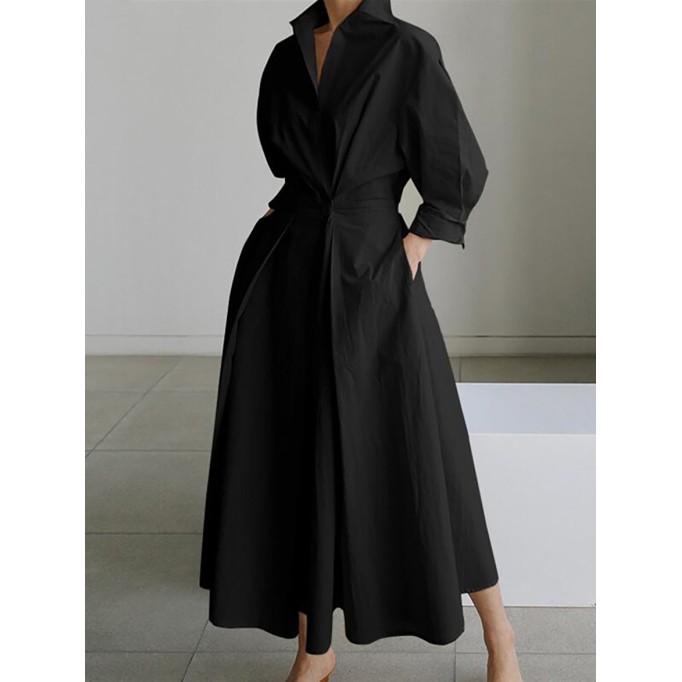 Women's Solid Pocket Button Lapel Long Sleeve Maxi Shirt Casual Dress