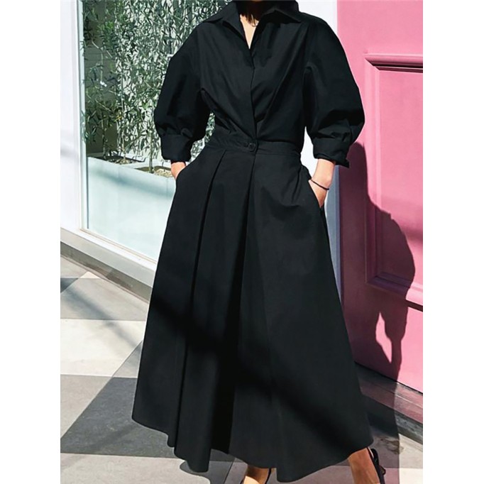 Women's Solid Pocket Button Lapel Long Sleeve Maxi Shirt Casual Dress