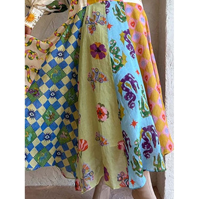 Women's Temperament Printed Lantern Sleeve Lapel Waist Long Sleeve Dresses