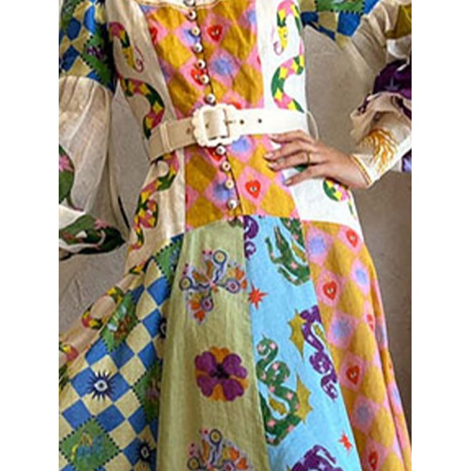 Women's Temperament Printed Lantern Sleeve Lapel Waist Long Sleeve Dresses