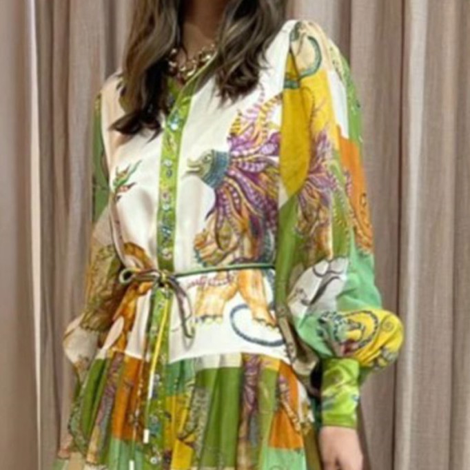 Women's Temperament Printed Lantern Sleeve Lapel Waist Long Sleeve Dresses