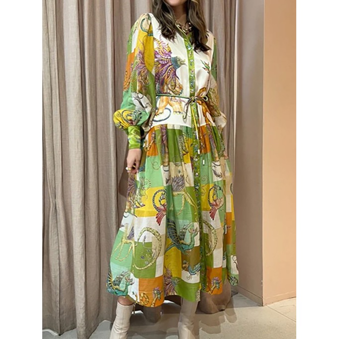 Women's Temperament Printed Lantern Sleeve Lapel Waist Long Sleeve Dresses