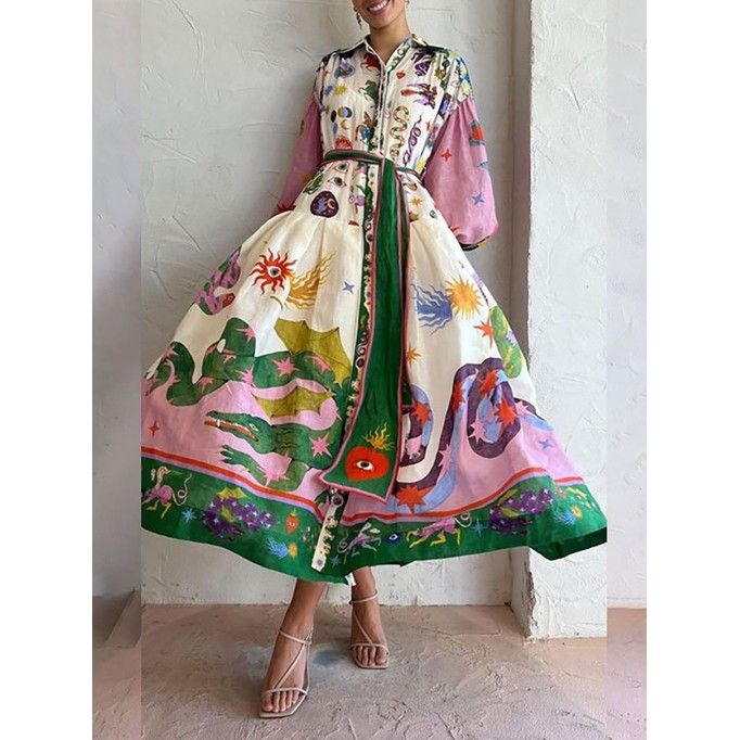 Women's Temperament Printed Lantern Sleeve Lapel Waist Long Sleeve Dresses