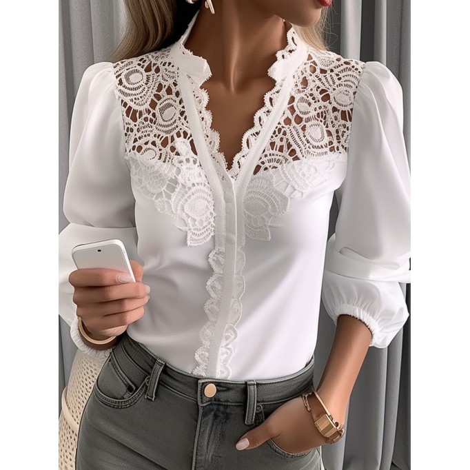 Women's V-neck lace patchwork shirt