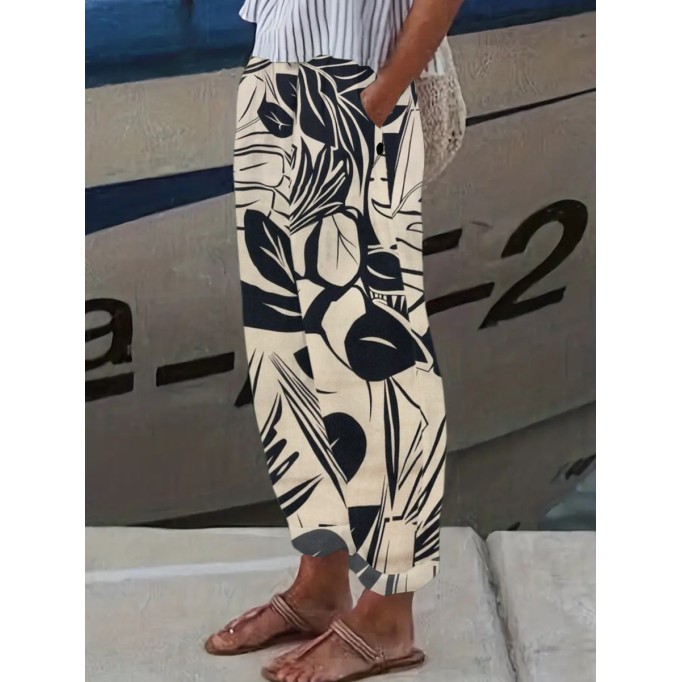 Women's vintage printed cotton and linen trousers