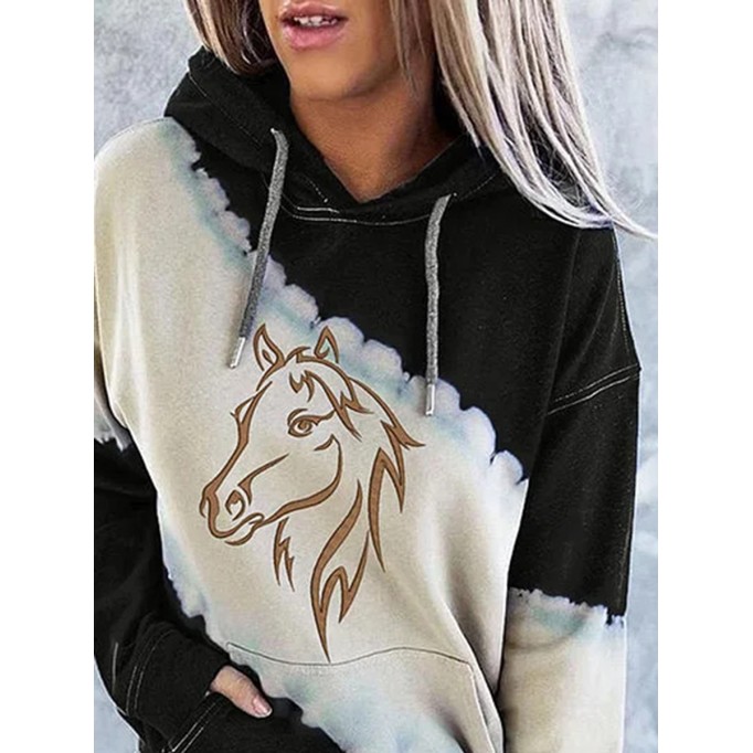 Women's Western Color Block Horse Print Hoodie