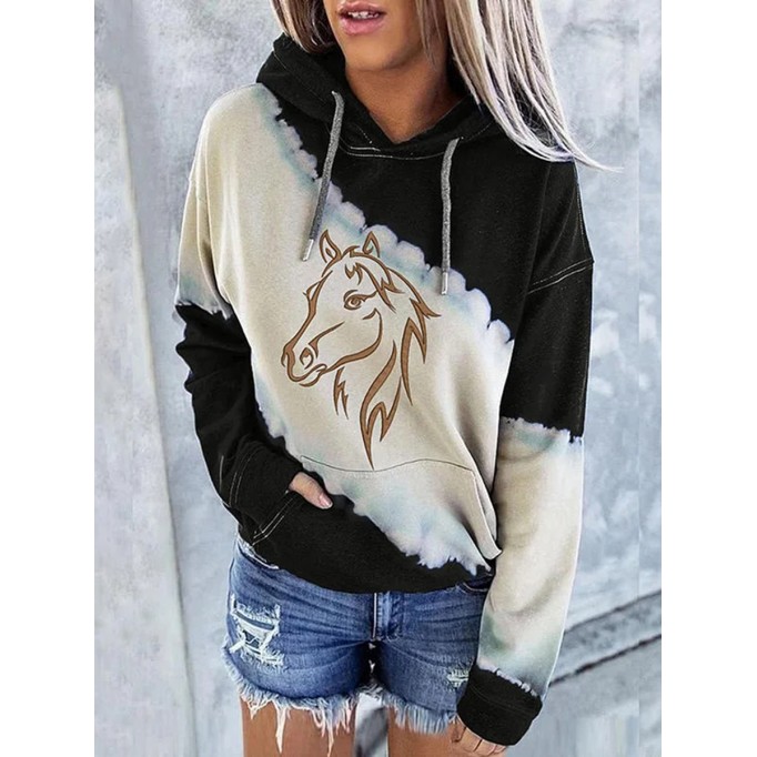 Women's Western Color Block Horse Print Hoodie