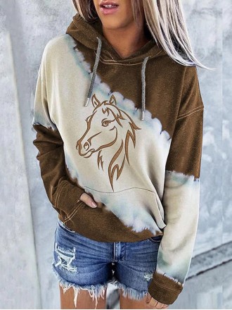 Women's Western Color Block Horse Print Hoodie