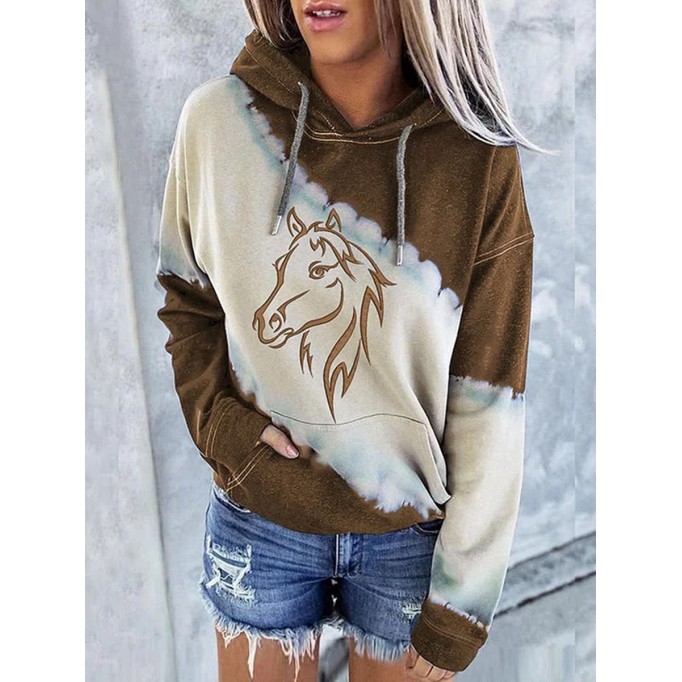 Women's Western Color Block Horse Print Hoodie