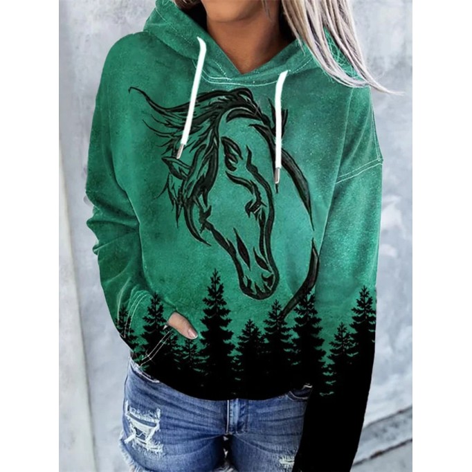 Women'S Western Horse Art Print Hoodie