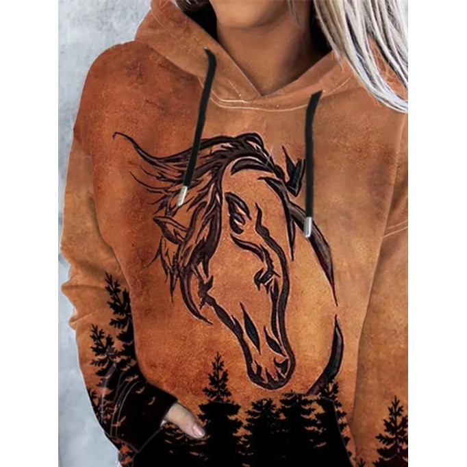 Women'S Western Horse Art Print Hoodie