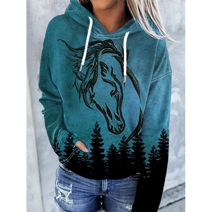 Women'S Western Horse Art Print Hoodie