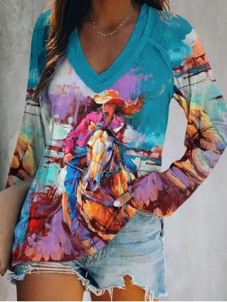 Women's Western Oil Painting Long Sleeve T-Shirt