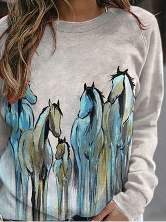 Women's Western Vintage Oil Painting Horse Print Sweatshirt